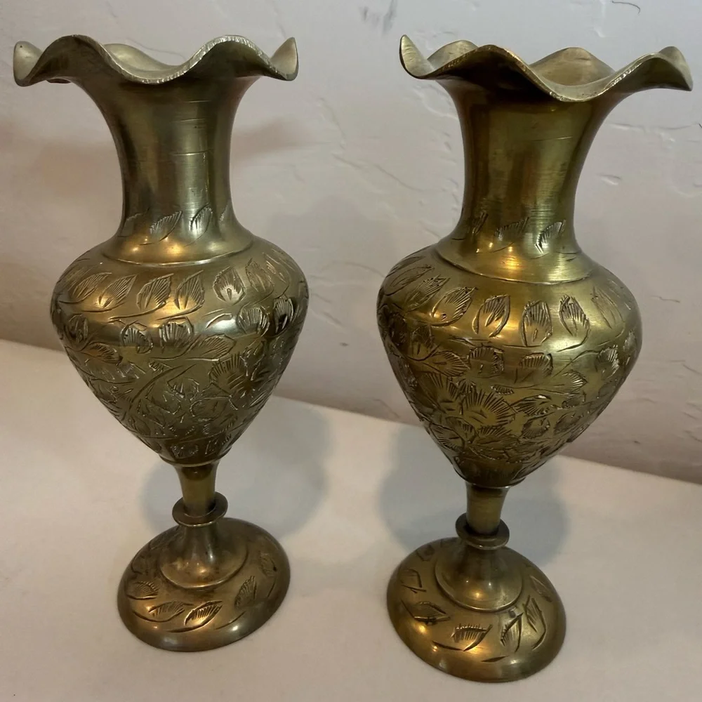 Vintage Pair of 2 Solid Brass Etched Floral Scalloped Vases signed Made in India